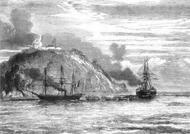Tranh pháo đài Định Hải bị liên quân Pháp-Tây Ban Nha tấn công ngày 18-11-1859. (Nguồn: Báo “L’Illustration, Journal Universel” ra ngày 21-1-1860 tại Paris, Pháp, trang 41)