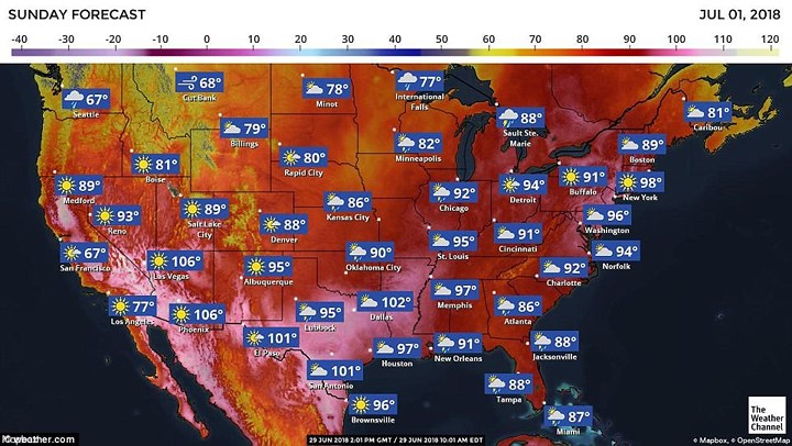 Nắng nóng lan tới nhiều khu vực của nước Mỹ, nhiều khu vực nhiệt độ lên tới trên 100 độ F. Ảnh: AccuWeather