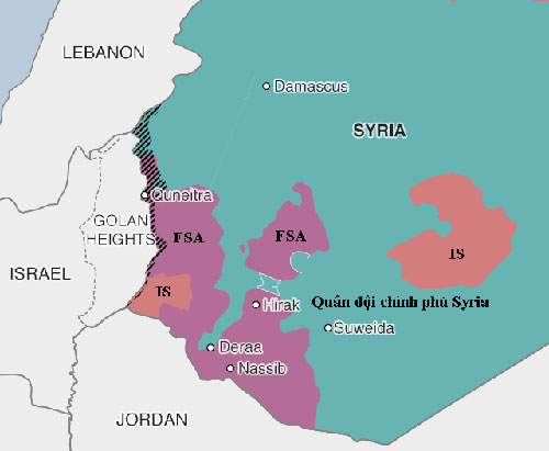 Quân đội Syria đang nỗ lực lấy lại thành phố Deraa và tỉnh Quneitra từ tay quân nổi dậy và phiến quân IS. Đồ họa: BBC