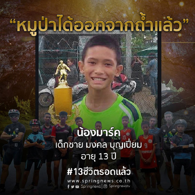 Mongkol Bunyiam (13 tuổi) là thành viên đầu tiên của đội bóng được đưa ra khỏi hang. 	     Ảnh: The Nation