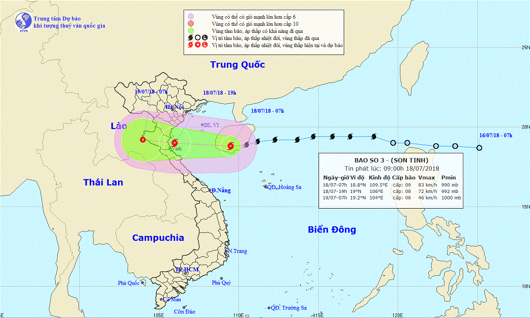 A map detailing the route of the tropical depression from 18 to 19 July  2018. Photo: NCHMF