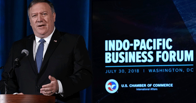 Ngoại trưởng Mỹ Mike Pompeo phát biểu tại Diễn đàn kinh tế khu vực Ấn Độ Dương - Thái Bình Dương diễn ra ở Washington ngày 30-7. Ảnh: Getty Images