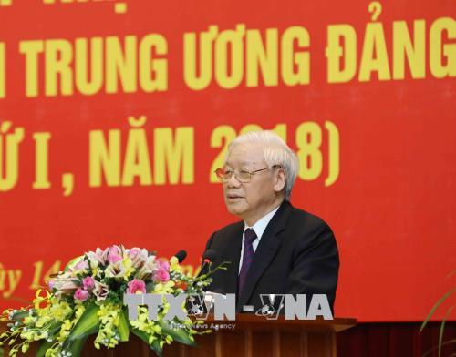 Tổng Bí thư Nguyễn Phú Trọng phát biểu tại lễ khai giản lớp học. Ảnh: TTXVN