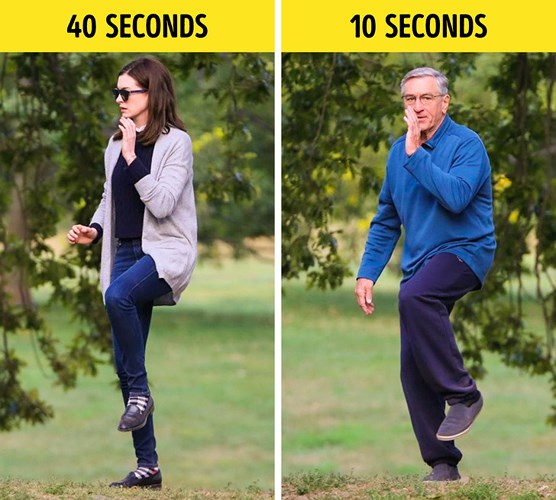   Mất cân bằng là dấu hiệu của quá trình lão hóa. Một người 30 tuổi không có bất kỳ vấn đề nghiêm trọng nào ở não bộ sẽ có thể đứng bằng một chân trong 20 giây hoặc lâu hơn. Trong khi một người già sẽ không thể đứng yên trong 10 giây.