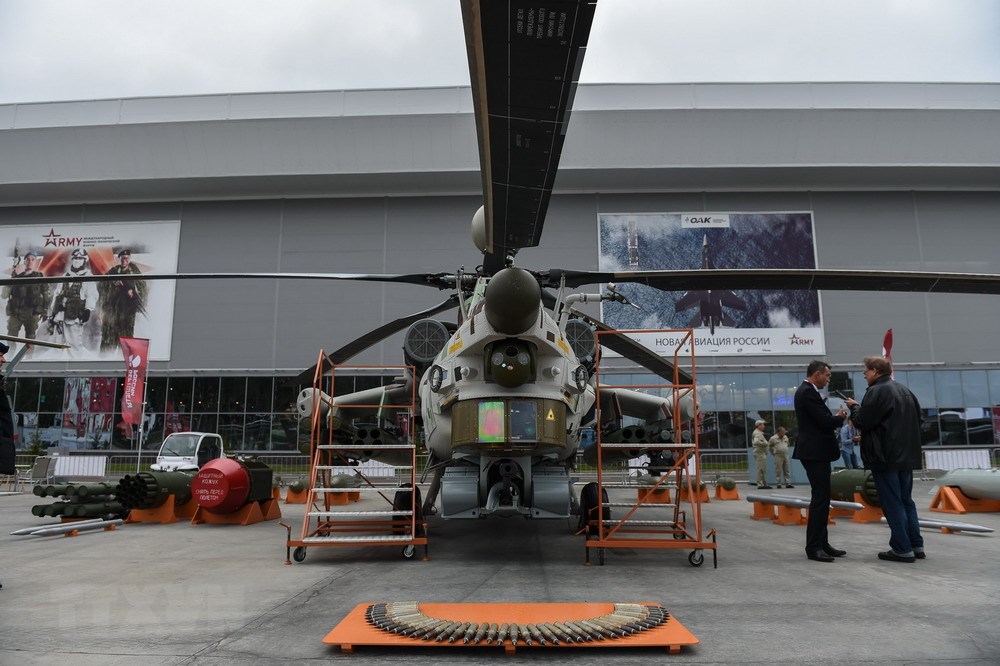 Máy bay trực thăng MI-28 được giới thiệu tại Diễn đàn Công nghiệp quốc phòng Army-2018 ở thị trấn Kubinka, ngoại ô thủ đô Moskva ngày 21/8. (Ảnh: THX/TTXVN)