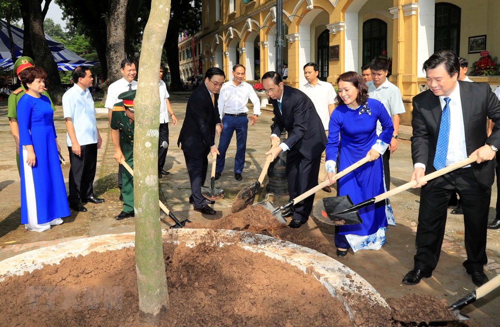 Chủ tịch nước Trần Đại Quang trồng cây trong khuôn viên của trường Trung học phổ thông Chu Văn An. (Ảnh: Nhan Sáng/TTXVN)