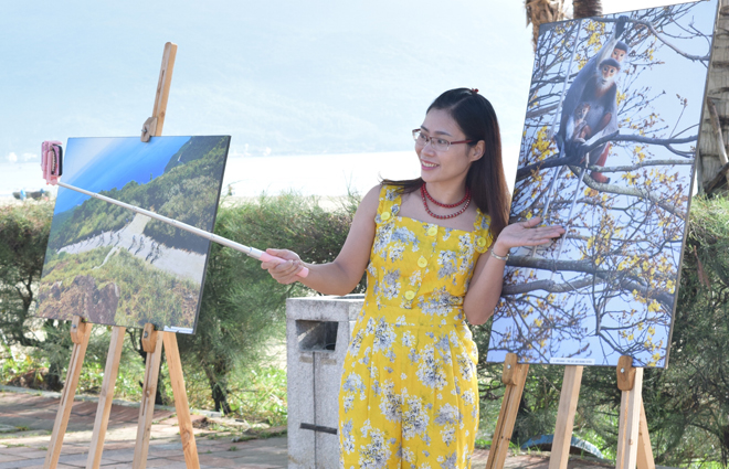 Du khách thích thú xem triển lãm tranh về bán đảo Sơn Trà tại Công viên Biển Đông