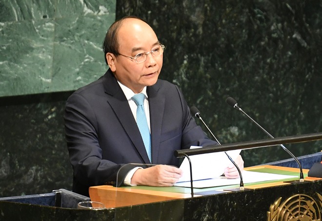Thủ tướng Nguyễn Xuân Phúc phát biểu tại phiên thảo luận cấp cao Đại hội đồng Liên Hợp Quốc. Ảnh: VGP
