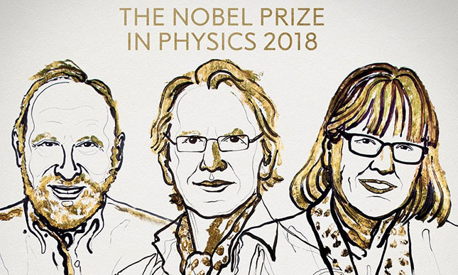 Chân dung 3 nhà khoa học nhận giải Nobel Vật lý 2018 (từ trái sang: TS. Arthur Ashkin, GS. Gérard Mourou và GS. Donna Strickland).  Ảnh: Nobel Prize