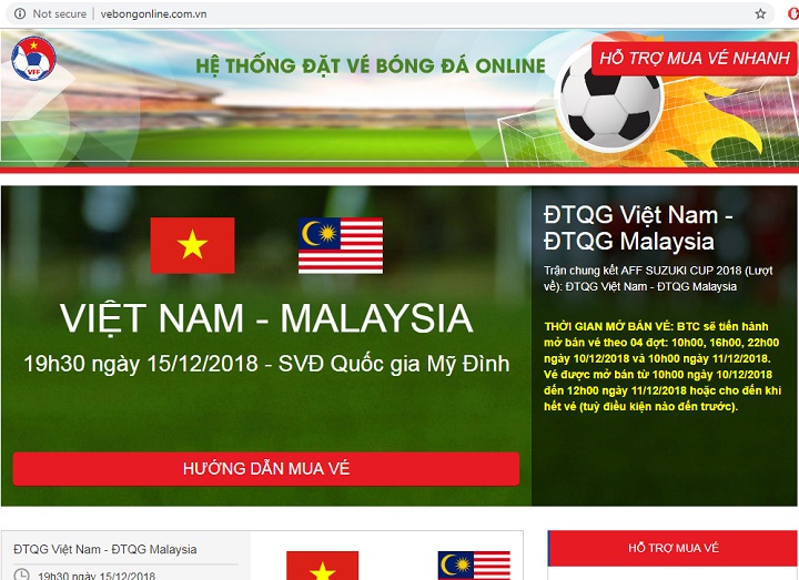 Giao diện của trang web bán vé giả mạo http://vebongonline.com.vn. 