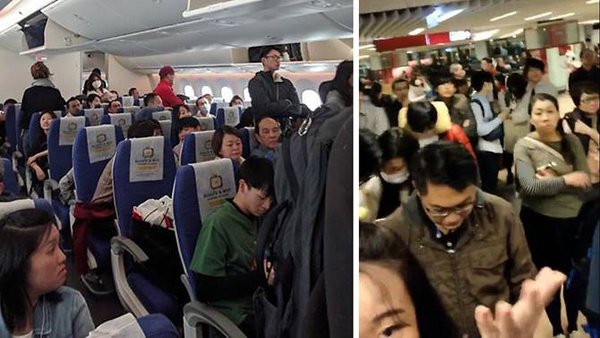 Các hành khách trên chuyến bay TR899 bị kẹt ở Đài Loan. Ảnh: CNA.
