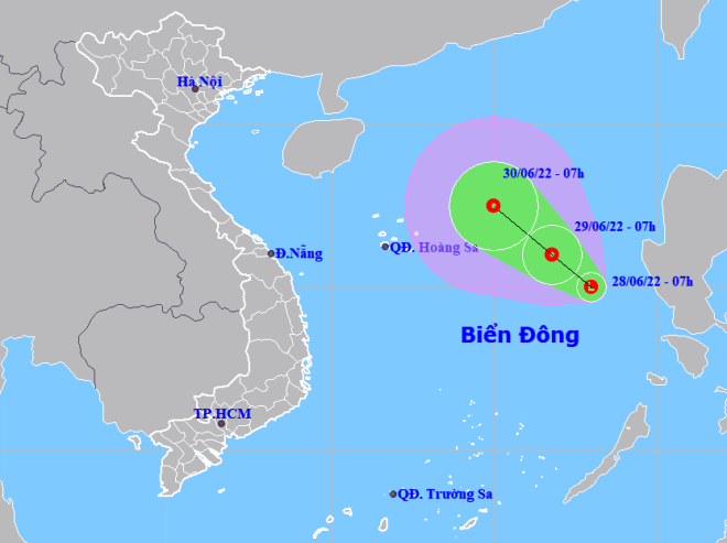 The forecast track of the tropical depression intensified from a disturbance over the East Sea. (Source: NCHMF)