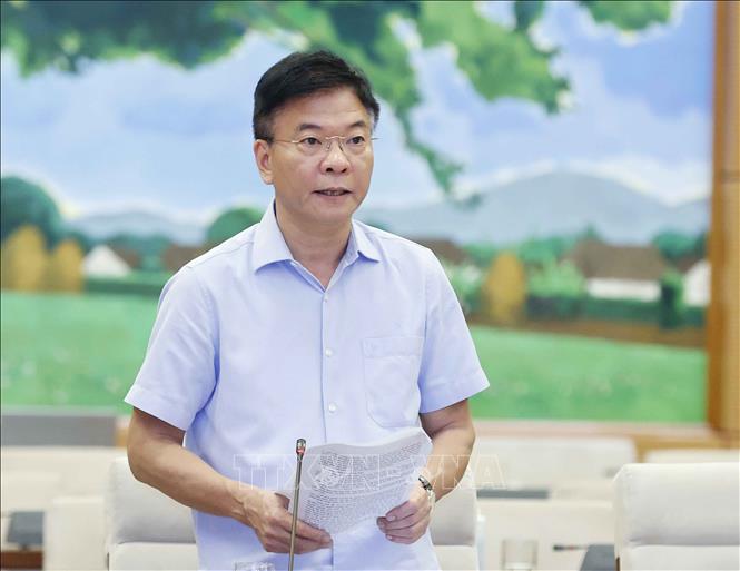 Bộ trưởng Bộ Tư pháp Lê Thành Long trình bày tờ trình. Ảnh: Doãn Tấn/TTXVN