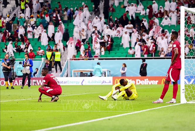  Chú thích ảnh Nỗi buồn của các cầu thủ Qatar sau khi để thua 1-3 trước Senegal, ngày 25/11/2022. Ảnh: THX/TTXVN