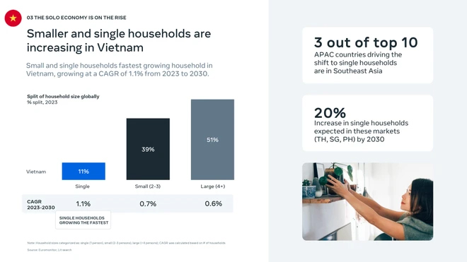 Xu hướng tăng trưởng mạnh mẽ của hộ gia đình nhỏ và độc thân ở Việt Nam. (Nguồn: Meta)