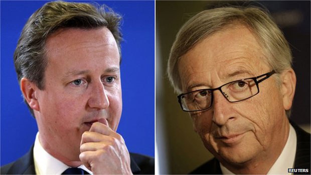 Thủ tướng Anh David Cameron (trái) đã điện thoại chúc mừng ông Jean-Claude Juncker được đề cử làm Chủ tịch EC. Ảnh: Reuters/BBC