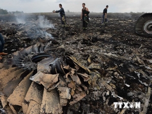 Rescue teams working at the site of MH17 plane crash 