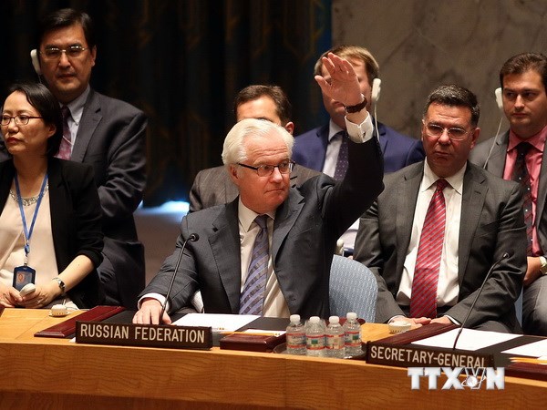 Đại diện thường trực Nga tại Liên hợp quốc Vitaly Churkin (giữa) biểu quyết tại cuộc họp. (Ảnh: AFP/TTXVN)