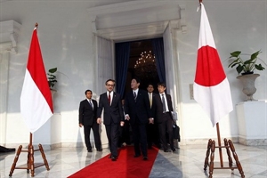 Japanese Foreign Minister Fumio Kishida and his Indonesian counterpart Marty Natalegawa 