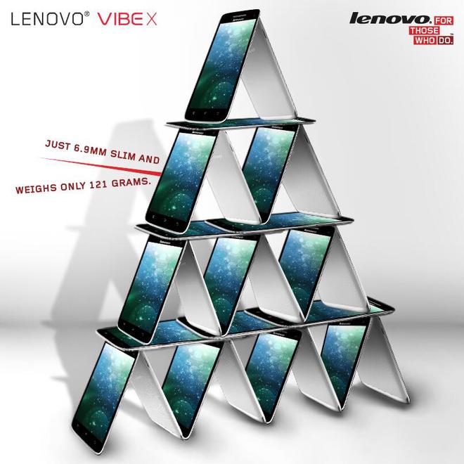 Lenovo Vibe X mỏng 6,9 mm và nặng 121 gram. Máy sử dụng chip 4 nhân 1,5 GHz, RAM 2 GB, camera 13 megapixel và camera trước 5 