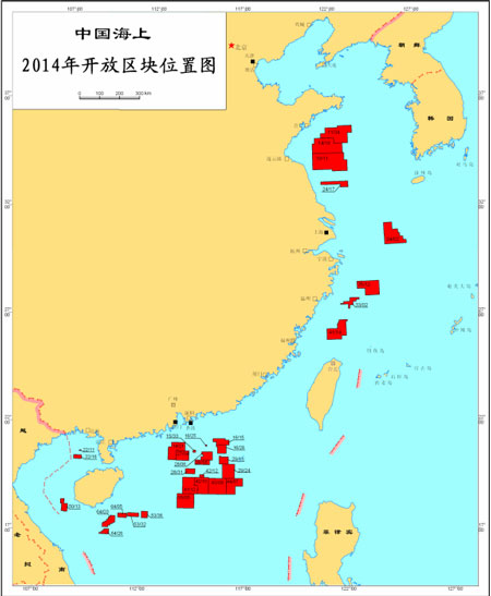 Bản đồ vị trí các lô dầu khí Trung Quốc mời thầu năm 2014 được CNOOC đăng tải.