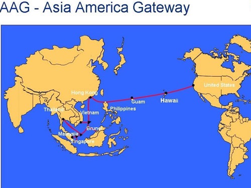 Sơ đồ đường đi của cáp AAG. Lần đứt cáp này xảy ra gần vùng biển Hong Kong 