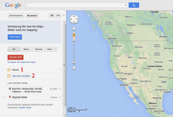 Bản đồ Google Maps: Trong bảng điều khiển bên trái, hãy bấm chọn Home (số 1) hoặc “Set work location” (số 2).