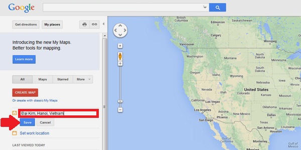 Bản đồ Google Maps: Nhập từ khóa địa chỉ vào ô trống rồi bấm Save (mũi tên).