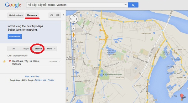 Bản đồ Google Maps: Nếu muốn xem danh sách đầy đủ các địa điểm được đánh dấu, hãy vào mục “My places” => “Starred” (khoanh đỏ).