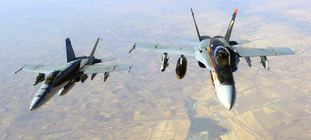 Các máy bay của Mỹ và đồng minh tiến hành các cuộc không kích ở Kobane, Syria. 			Ảnh: AFP