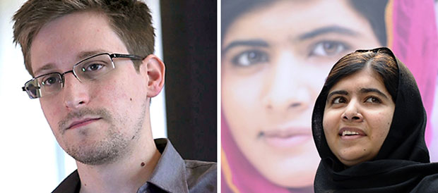Edward Snowden (trái) và Malala Yousafzai là những ứng viên sáng giá của giải Nobel Hòa bình 2014. Ảnh: Reuters/AP