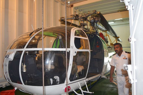   A helicopter inside the ship