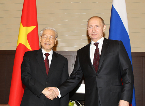 Tổng thống Liên bang Nga Vladimir Putin đón Tổng Bí thư Nguyễn Phú Trọng. Ảnh: Trí Dũng TTXVN