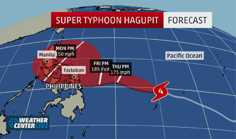 Đường đi dự kiến của siêu bão Hagupit. Đồ họa: Weather.com