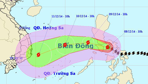  Vị trí và đường đi của bão Hagupit. Ảnh: nchmf.com.vn