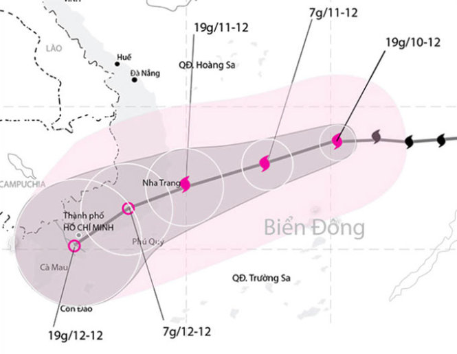 Dự báo hướng di chuyển bão số 5 Nguồn: NCHMF - Đồ họa: V.Cường