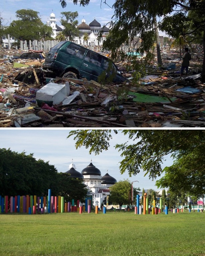 Nhà thờ Hồi giáo Baiturrahaman ở Banda Aceh, tỉnh Aceh, hôm 27/12/2004 và hiện nay. Ảnh: AFP.