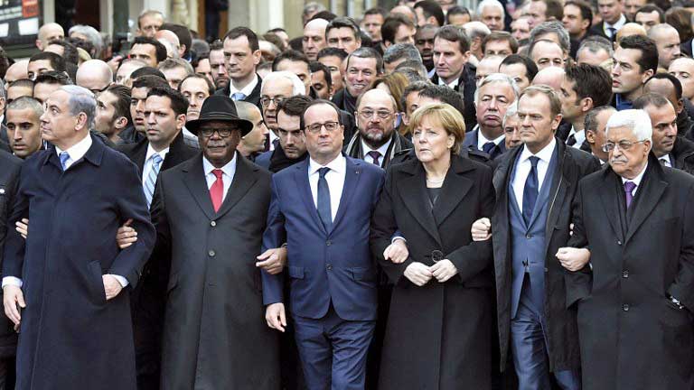 Hình ảnh lãnh đạo các quốc gia tại cuộc tuần hành lớn nhất lịch sử nước Pháp nhằm kêu gọi chống chủ nghĩa khủng bố