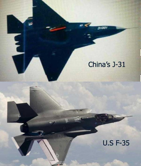 Hình ảnh so sánh mẫu F-35 của Mỹ (trên) và F-31 Trung Quốc có nhiều điểm giống nhau.