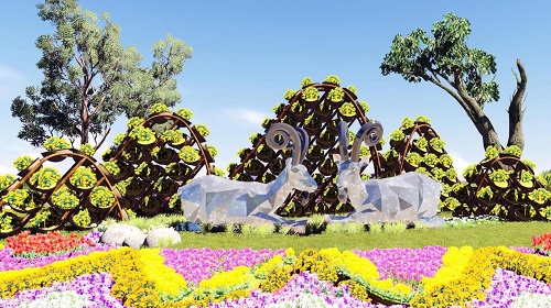 The “Great Landscape of Mascots” floral area is inspired by the image of a goat, the animal designation for the 2015 lunar year, and the city’s popular Marble Mountains Tourist Area.