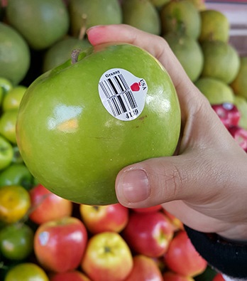 A Granny Smith apple at a local market