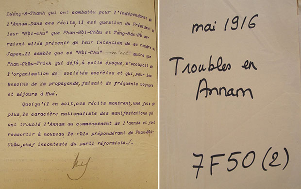 Một trang trong tài liệu số 29 hồ sơ 65530 (ảnh trái) tại Trung tâm Lưu trữ quốc gia hải ngoại Pháp, ngày 16-11-1908, trong đó có nêu rõ tên chí sĩ Phan Châu Trinh, và trang bìa tập hồ sơ 7F50 (2) cũ, nay là 65530.