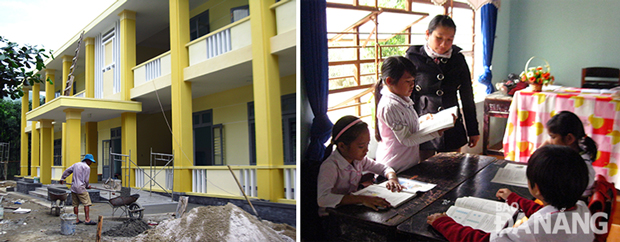 Khi Trường tiểu học Hòa Bắc khu vực Tà Lang (ảnh trái) hoàn thành, sẽ không còn các lớp học tạm ở Giàn Bí nữa. Ảnh: V.P.Q