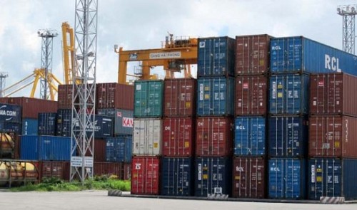 Piles of containers are seen at the Hai Phong Port