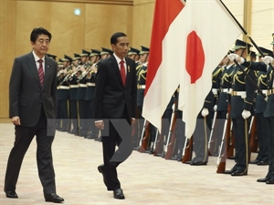 Japanese Prime Minister Shinzo Abe (L) and Indonesian President Joko Widodo inspect the Guard of Honour in Tokyo 