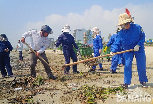 Sanitation workers cleaning up a local beach