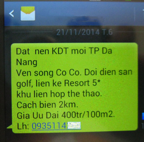 Tin nhắn rác của một “cò” đất ở Đà Nẵng (Ảnh chụp màn hình điện thoại di động). Ảnh: V.T.L