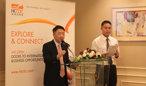 Benjamin Chau, deputy executive director of the Hong Kong Trade Development Council, is seen speaking at a press conference on April 1, 2015 in Ho Chi Minh City.