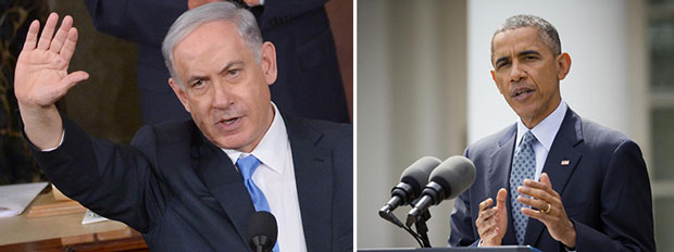 Thủ tướng Israel Benjamin Netanyahu (trái) vẫn không đồng ý với quan điểm của Tổng thống Mỹ Barack Obama trong vấn đề hạt nhân của Iran.  												              Ảnh: AFP/AP