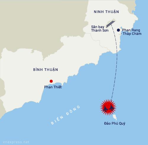 Hai chiếc Su-22 rơi gần đảo Phú Quý. Đồ họa: VnExpress